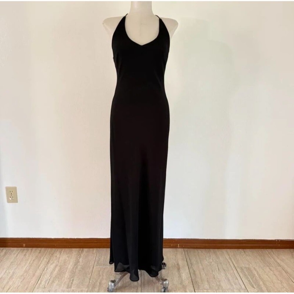 Vtg 90s Black Halter Maxi Dress Gown 5/6 Whimsigoth Minimalist Prom Grunge Prom